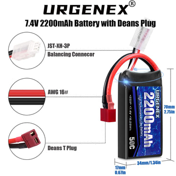 URGENEX 7.4V 2200mAh Lipo Battery 50C(Burst 80C) High Discharge Rate RC Batteries Deans T Plug with 1 to 2 USB Charger Fit for R