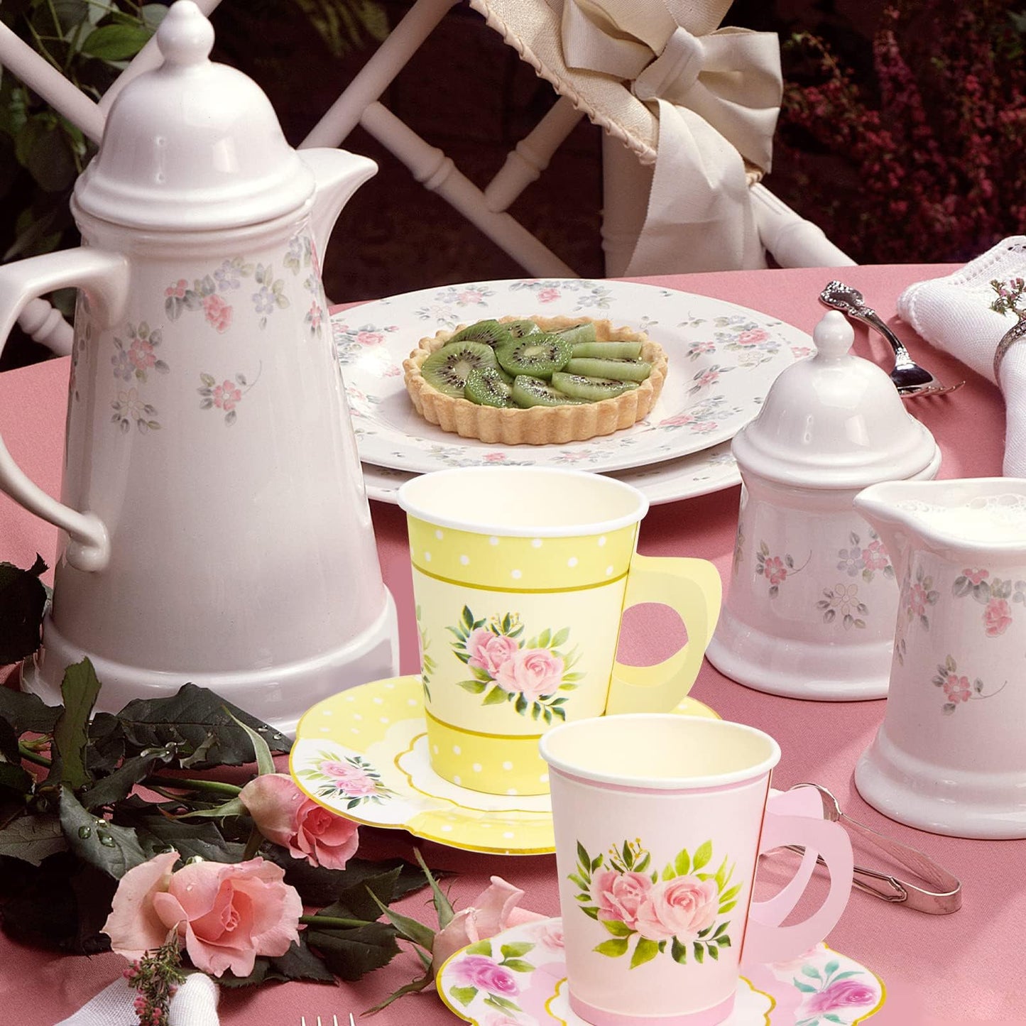 ceiba tree Floral Paper Disposable Tea Cups with Handle and Saucers Tea Party Decorations Favors 24 Sets for Girls Women Flower