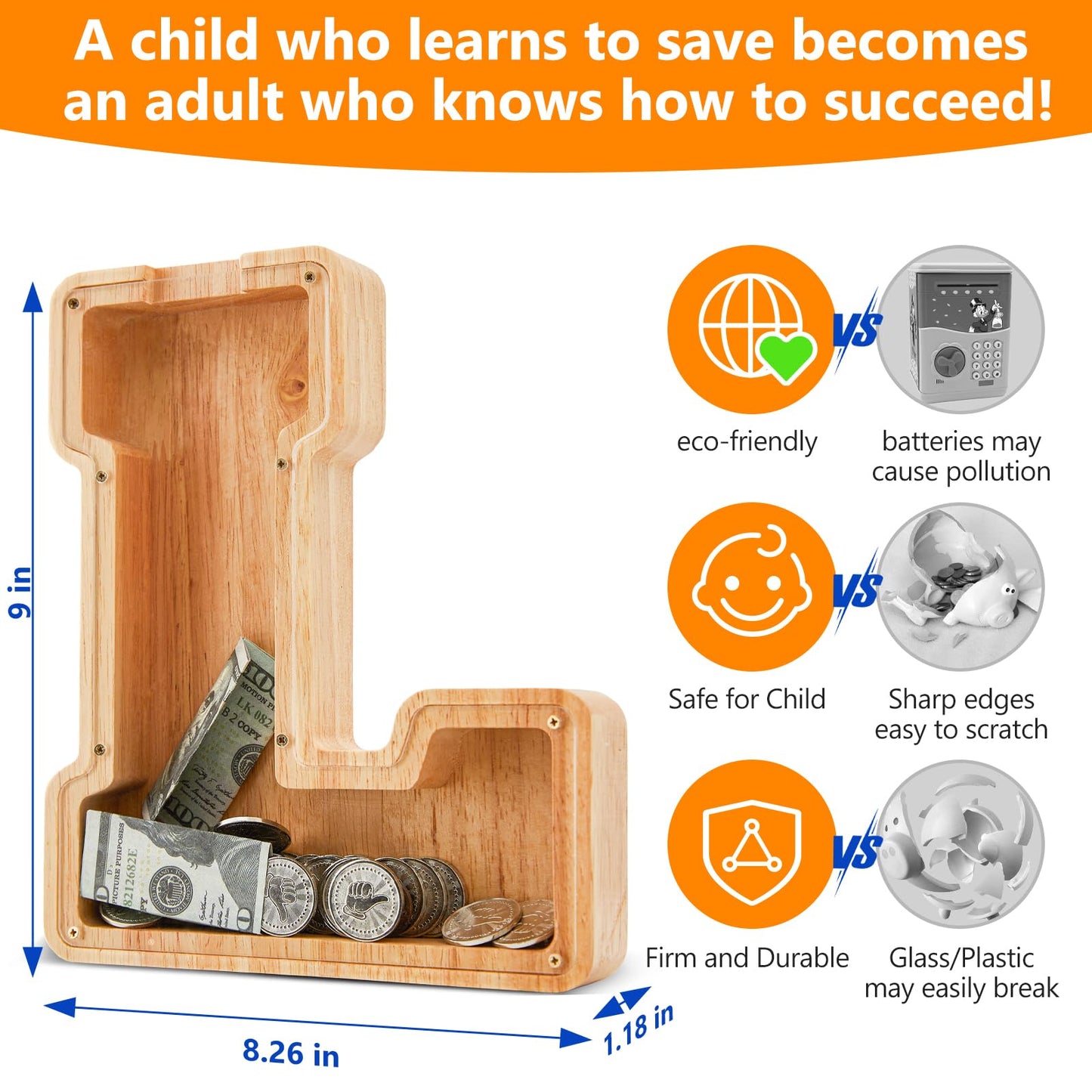 Wooden Letter Piggy Bank for Kids  Initial Coin Bank for Boys and Girls  First Name Personalized Savings Bank for Birthday Boys Girls Gift Piggy Bank for Kids (Wood  S9-L)