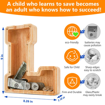 Wooden Letter Piggy Bank for Kids  Initial Coin Bank for Boys and Girls  First Name Personalized Savings Bank for Birthday Boys Girls Gift Piggy Bank for Kids (Wood  S9-L)
