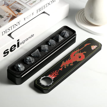 Cracked Glass DND Dice 7 Piece Black Zircon Dice with Great Gift Case for DND Dungeons and Dragon Tabletop Game (Black Glass wit