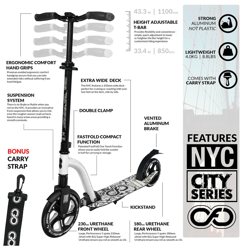 Crazy Skates Foldable Kick Scooter - Kick Scooters For Adults, Teens And Kids With Carrying Strap - Fast Folding, Adjustable Handlebars And Lightweight - White