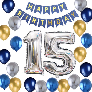 15Th Birthday Party Decoration For Boys, Happy Birthday Banner Blue Number 15 Birthday Balloons Metallic Silver Blue Gold Latex