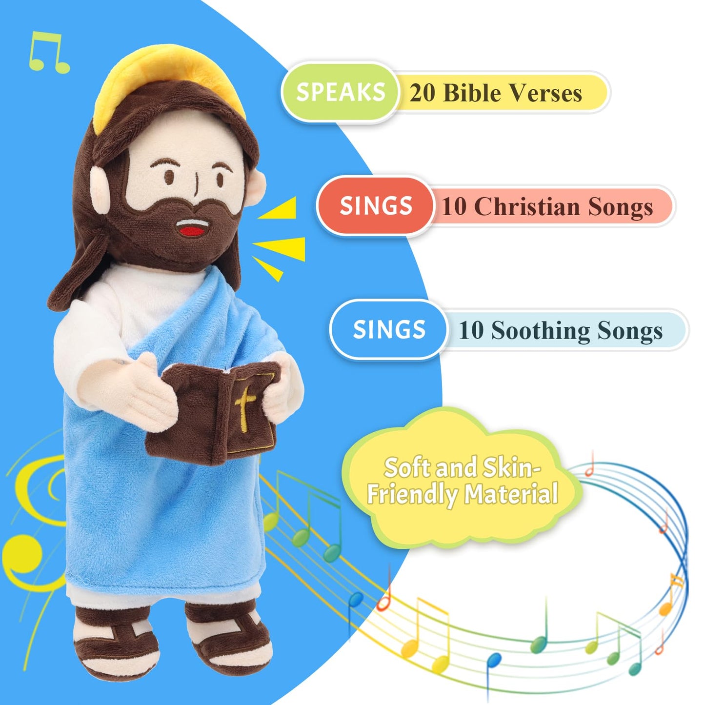 Yelakey Jesus Plush Talking Doll - 20 Bible Verses & Songs, 13.4" Blue Interactive Stuffed Toy for Kids, Perfect Religious Gift