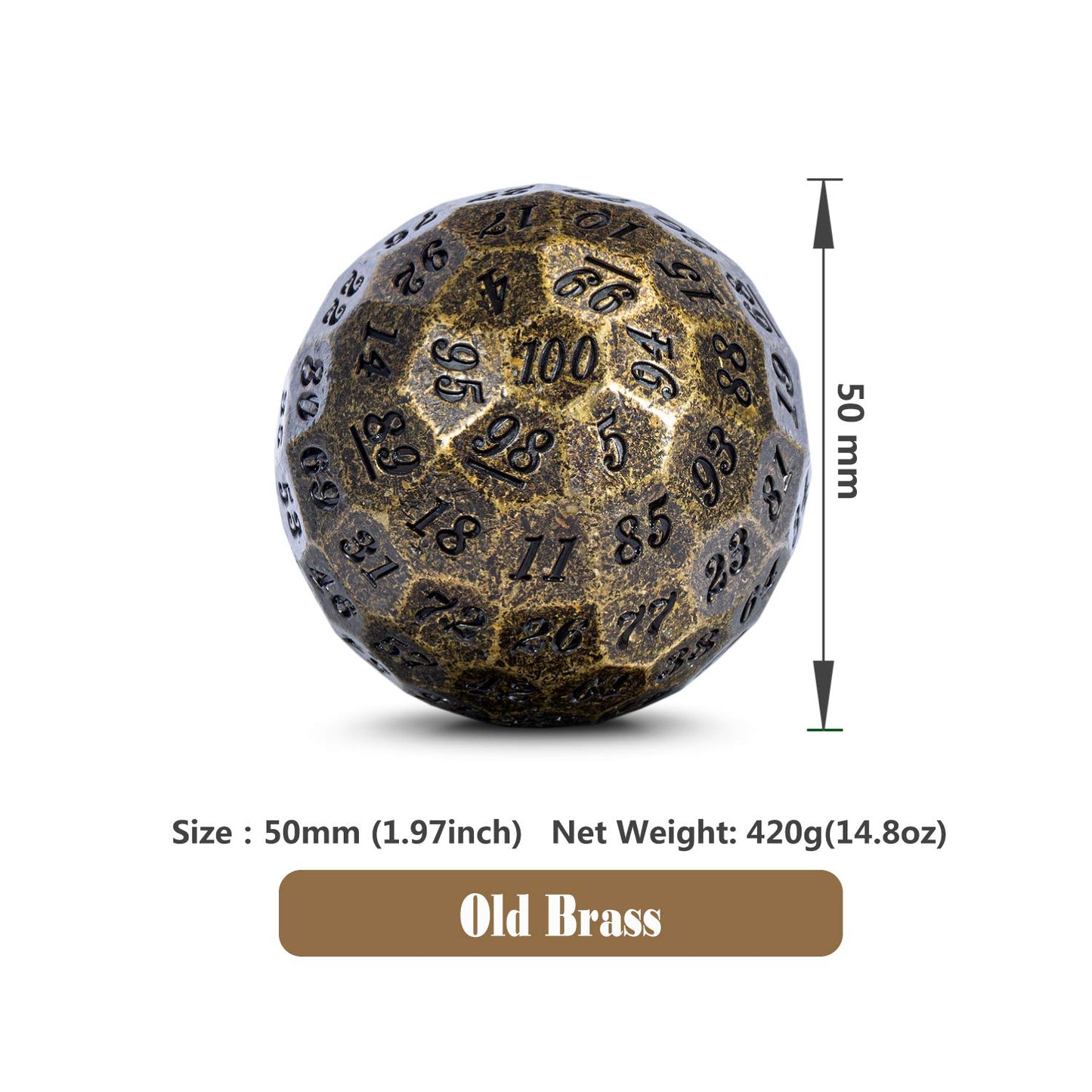 DNDND Old Brass D100 Dice Metal Single 100 Sided Polyhedral Dice with Metal Case and Velvet Pouch(Old Brass with Black Number)