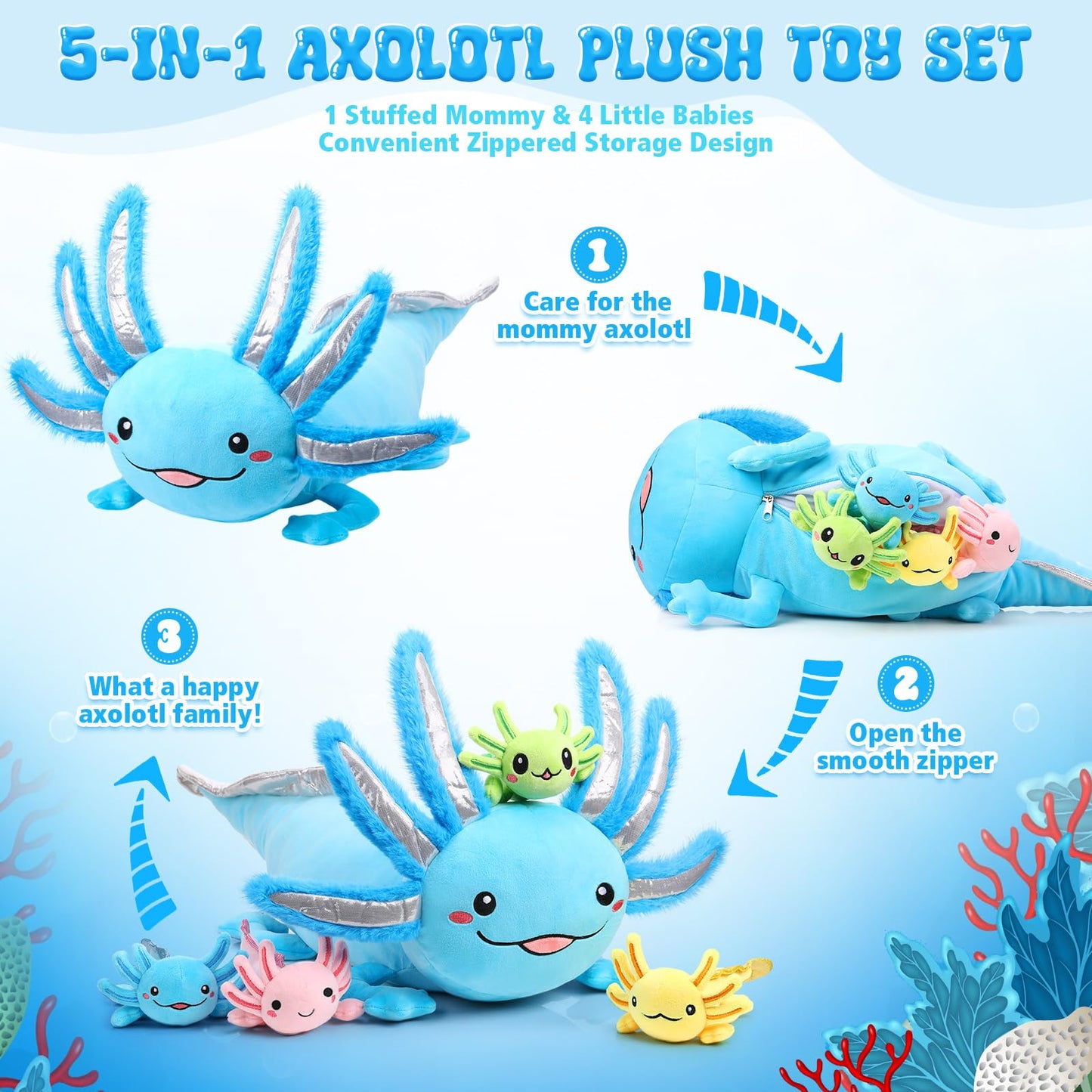 Aoriher 5 Pcs Axolotl Plush Set 24 Inch Mommy Axolotl Stuffed Animal With 4 Cute Plush Babies In Belly Soft Cuddly Plushie For K