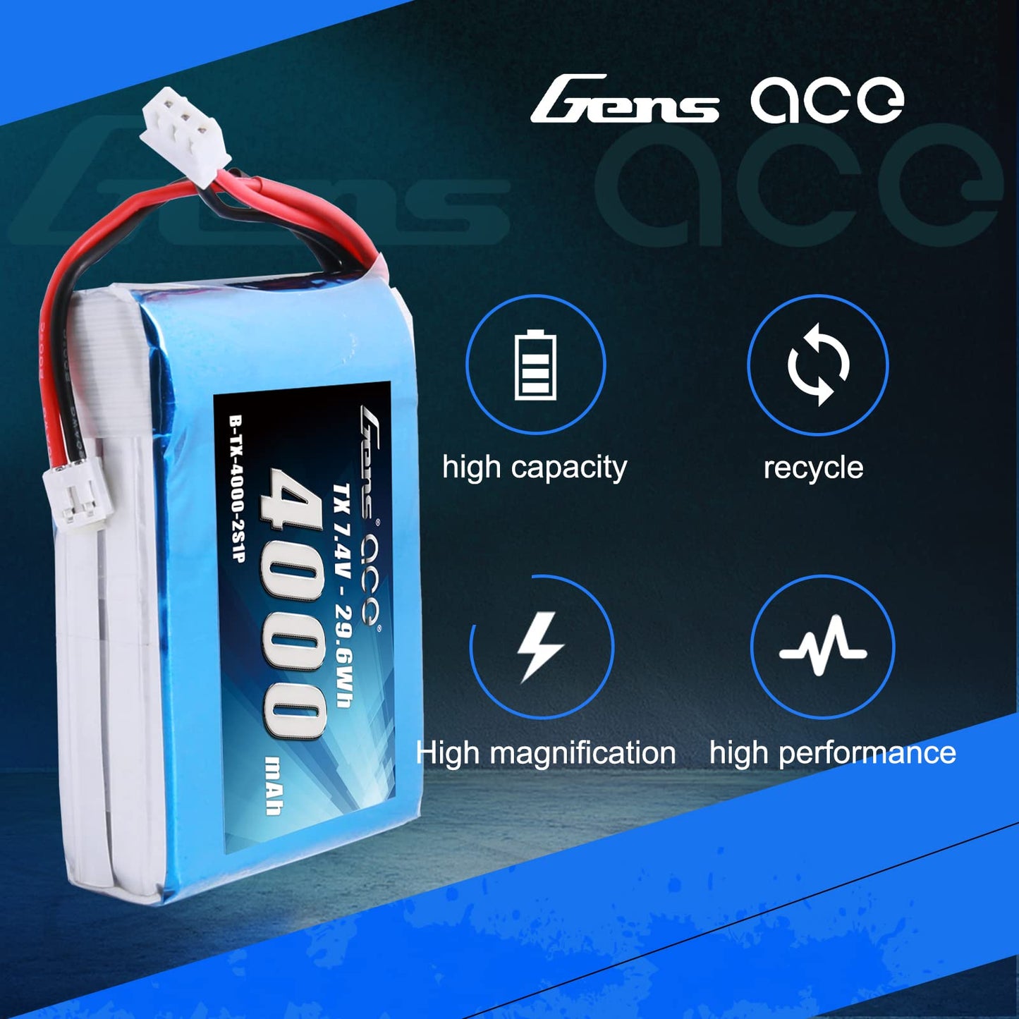 Gens ace 4000mAh 7.4V 2S TX LiPo Battery Pack with JST-EHR Plug for Spektrum DX9 DX8 DX7S DX7 Transmitter
