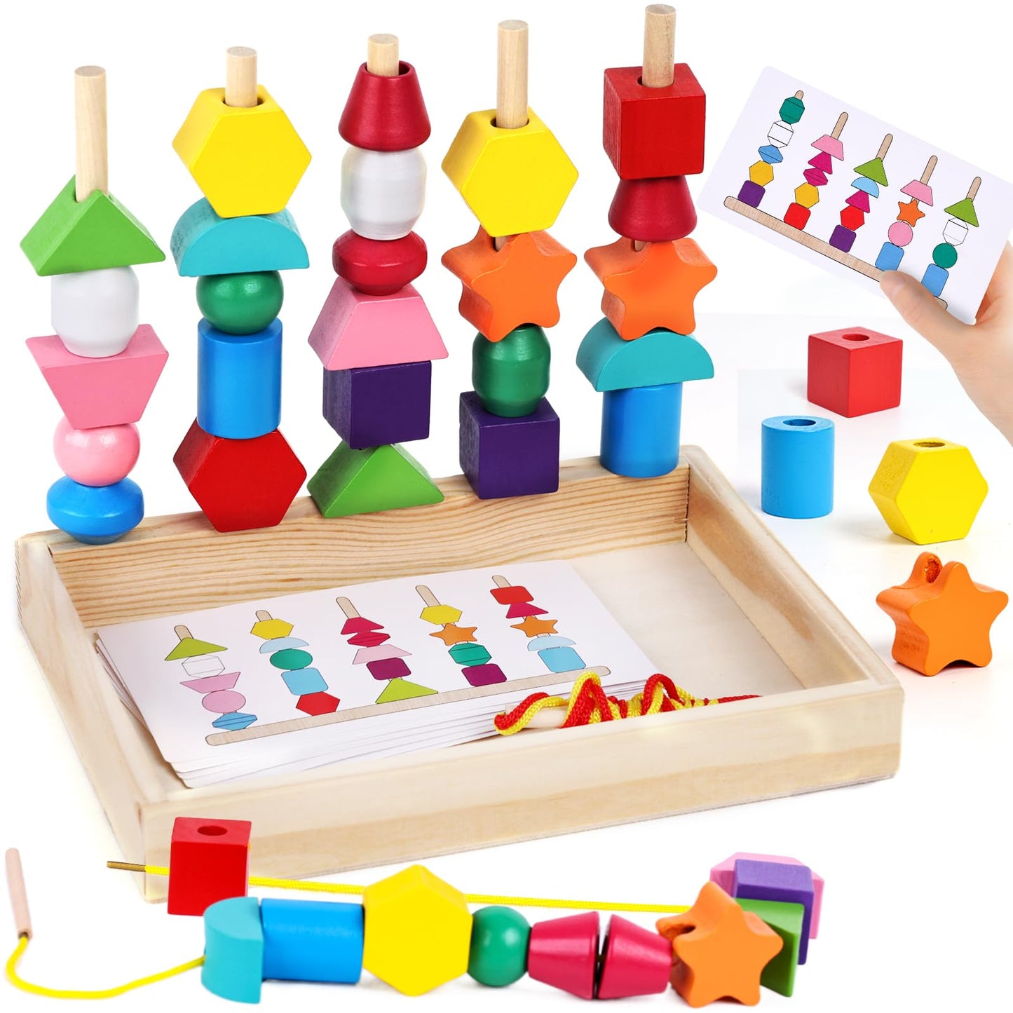 LovesTown Beads Sequencing Toy Wooden Stacking Montessori Toys for Kids Coordination and Educational Preschool Learning Toy