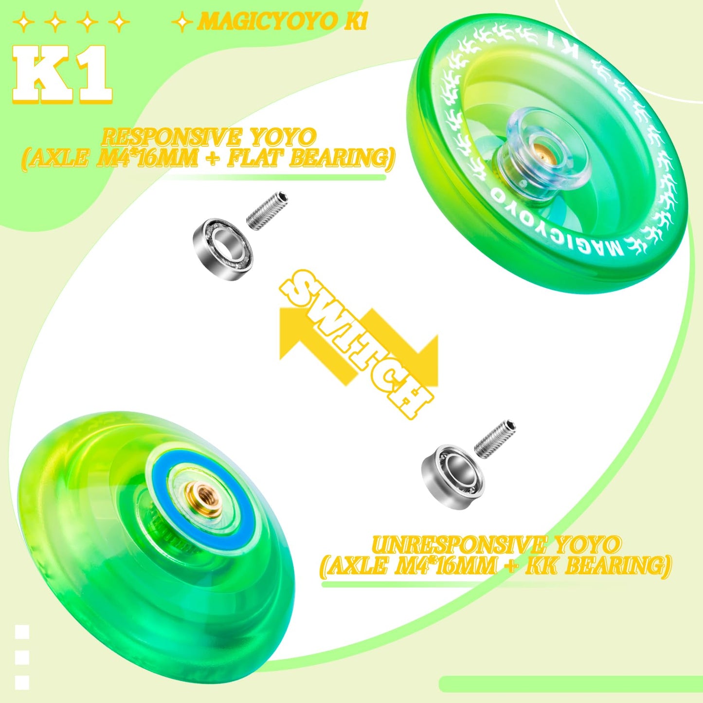 MAGICYOYO K1 Responsive Yoyo for Kids Beginners  Finger Spin Yoyo Tricks  Plastic Yoyo for mature-themed with Unresponsive Yoyo Bearing + Axle + Yoyo Glove+ Square Yoyo Case+ 12 Yoyo Strings (Green Yellow)