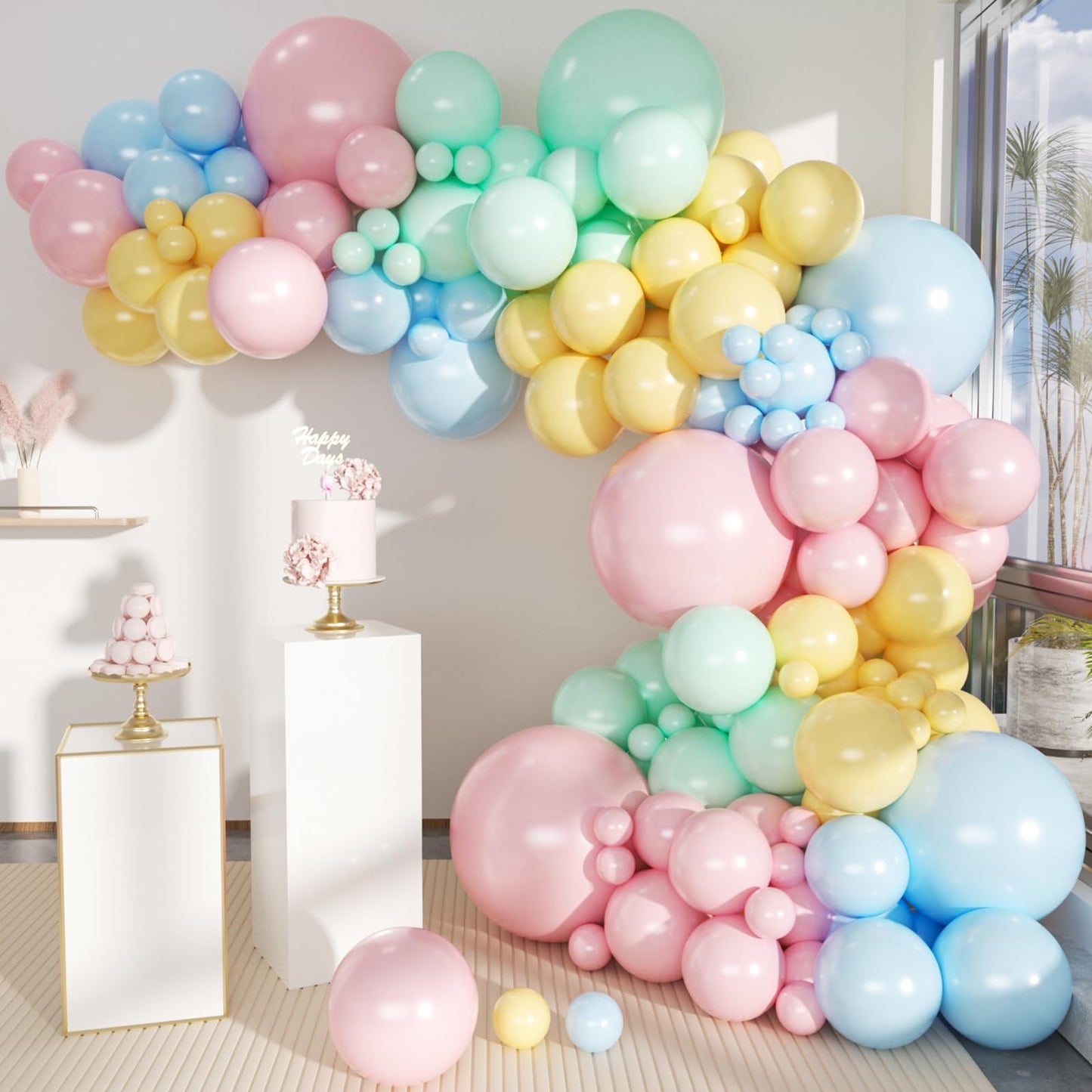 Mebay Pastel Balloon Garland Arch Kit, 146Pcs Macaron Pink Blue Green Yellow Latex Balloons Different Sizes 18 12 10 5 Inch For