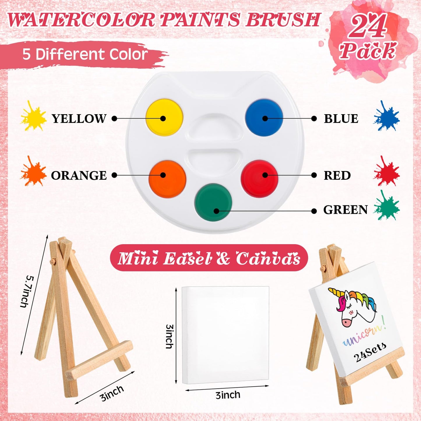 Sabary 24 Sets Valentines Day Gift for Kids, Valentines Gift Painting Cards Painting Canvas Panel with Wooden Easel Watercolor P