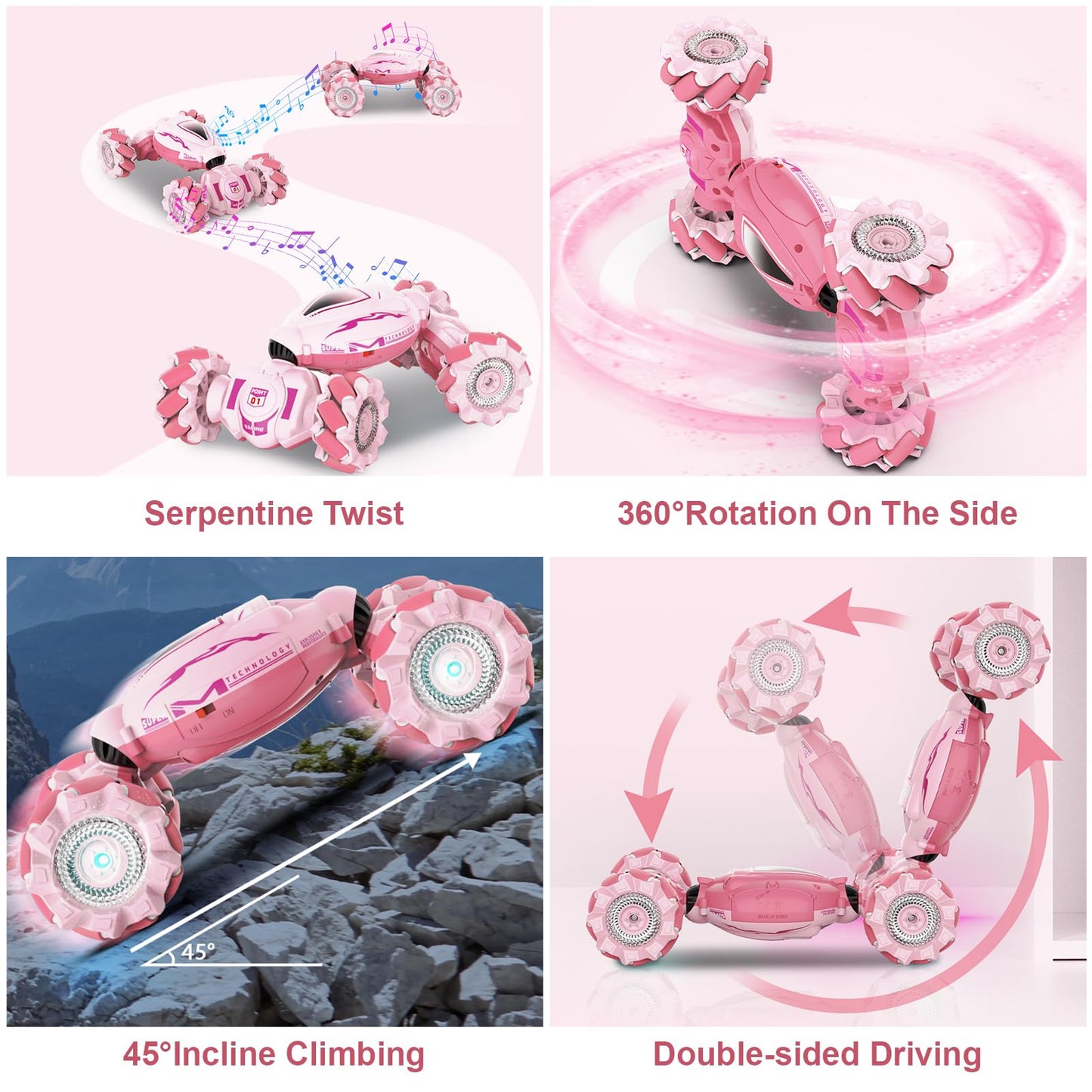 Fosgoit Pink Rc Car Toys For Girls Aged 6-12, Gesture Sensing Rc Stunt Car With Lights Music For Girls Birthday Xmas Gifts, 2.4G