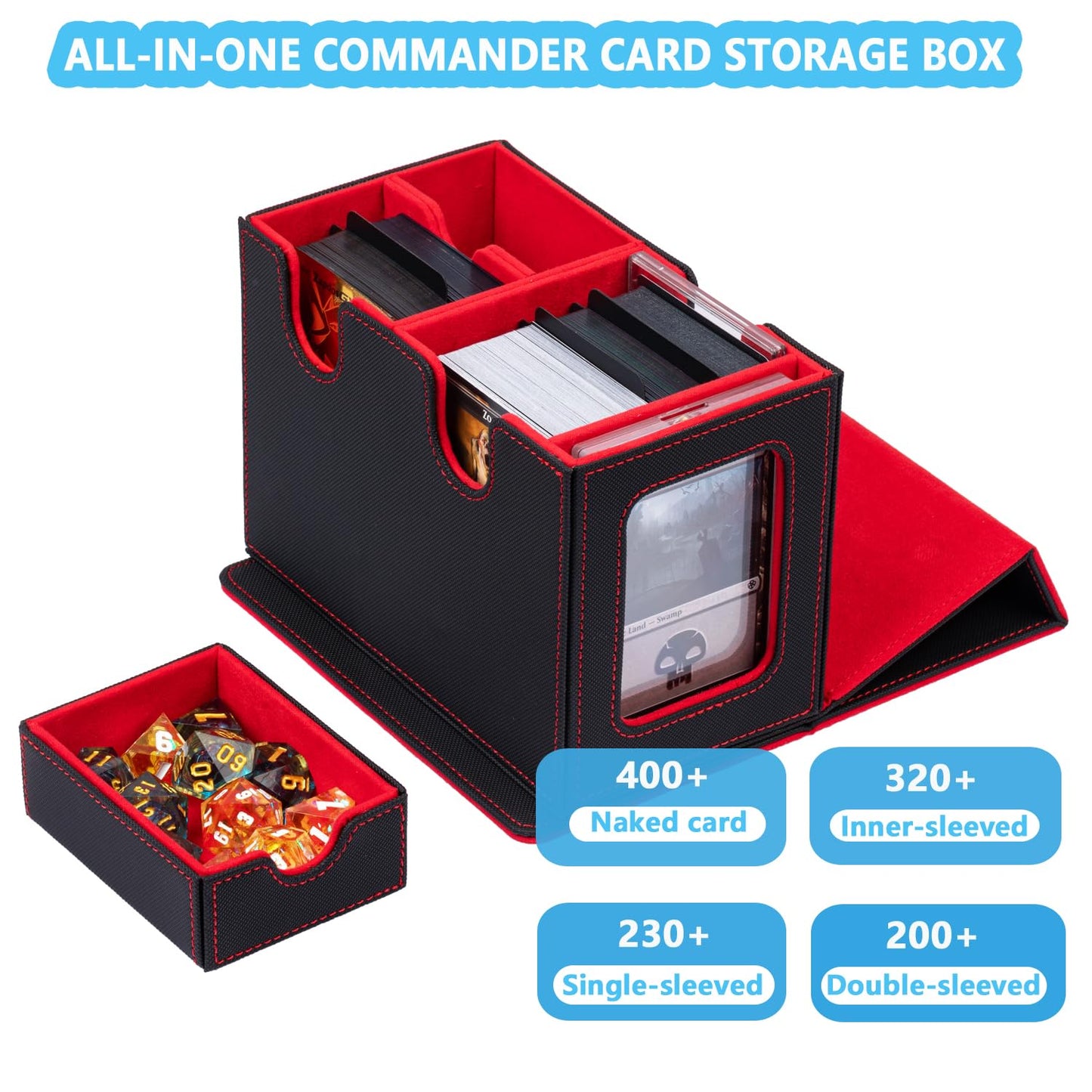 Wellmiller Mtg Deck Box For Commander With Dice Tray,Designed For Mtg Commander Card Deck Box Fits 200+ Double Sleeved Cards,Car