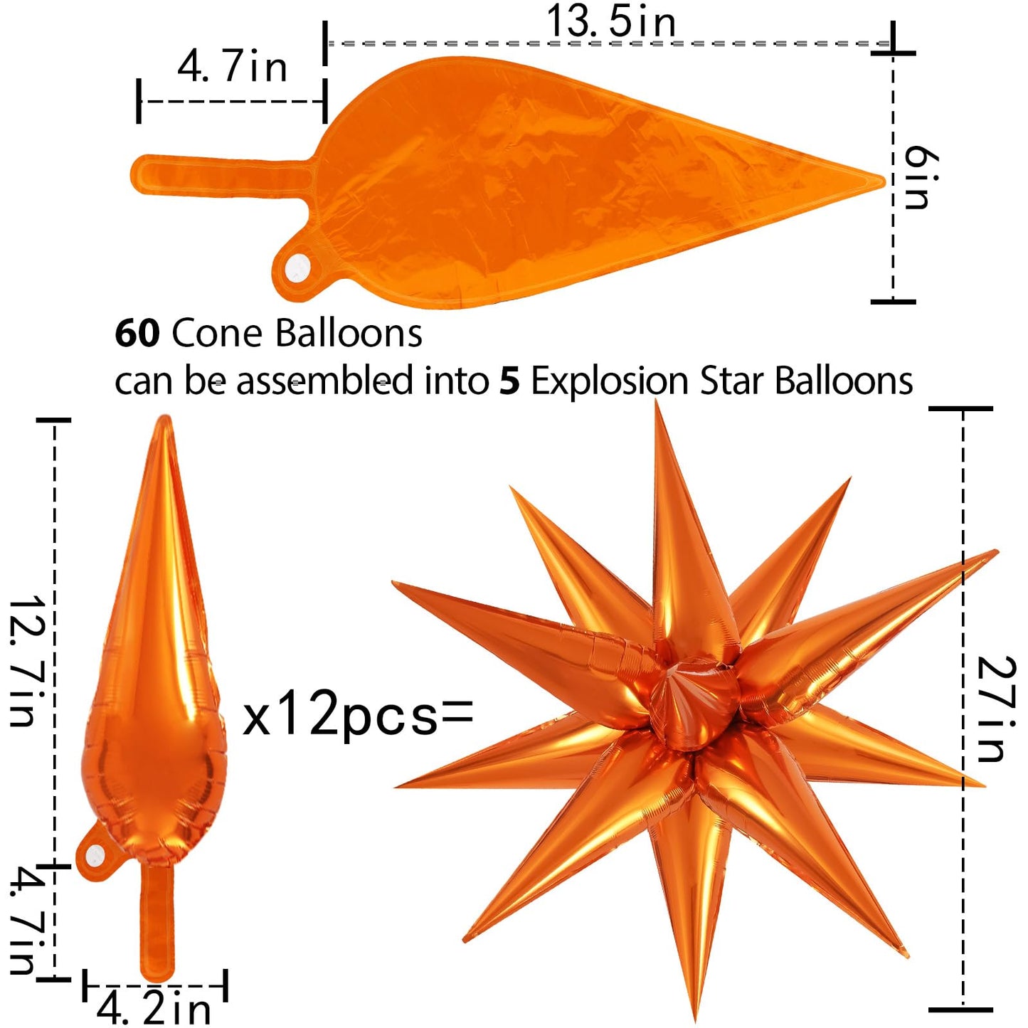 60 Pcs Orange Star Balloons Foil Starburst Balloons Explosion 12 Point Cone Balloons Large For Wedding Anniversary Backdrop Birt
