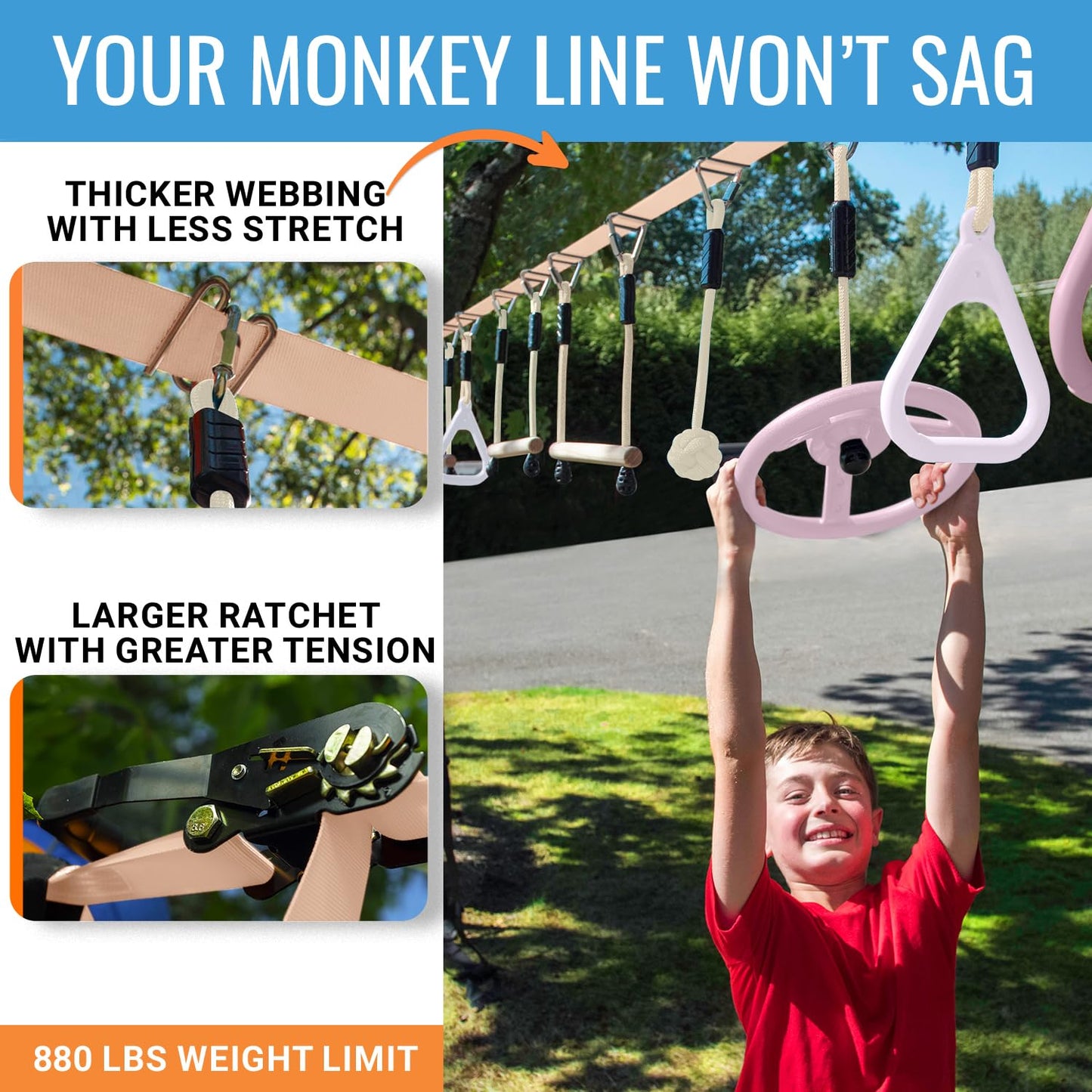 Ninja Warrior Obstacle Course For Kids, 2 X 50 Ft Slackline, 10 Weatherproof Obstacles, Up To 880 Lbs, Ages 5-12, Includes Ratchet-Tight Technology, Monkey Net, Climbing & Swinging Equipment