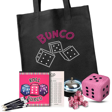Bunco Game Kit With Crystal Tote Bag - Includes 9 Pink Dice, Score Sheets, Pencils, Bell, And 3 Inch Plush Dice - All Of The Bunco Party Supplies You Need