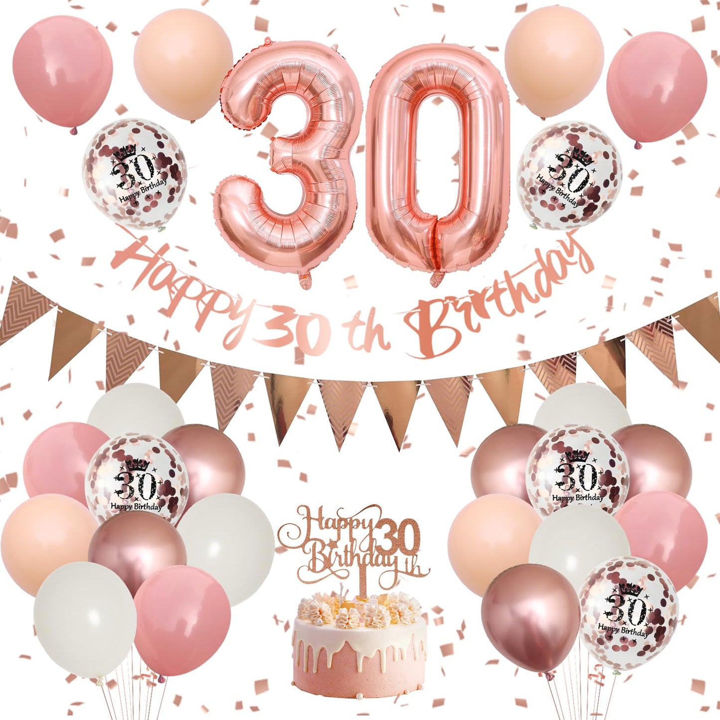 30Th Birthday Decorations Retro Pink Rose Gold,30Th Birthday Balloons,Happy 30Th Birthday Banner With Cake Toppers Rose Gold Num