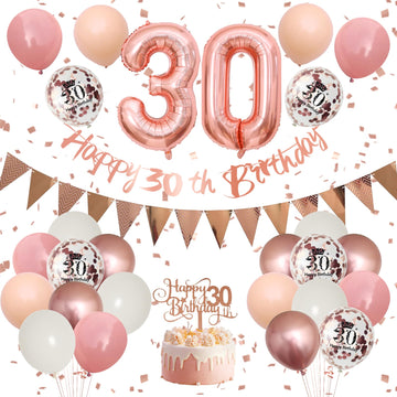 30Th Birthday Decorations Retro Pink Rose Gold,30Th Birthday Balloons,Happy 30Th Birthday Banner With Cake Toppers Rose Gold Num