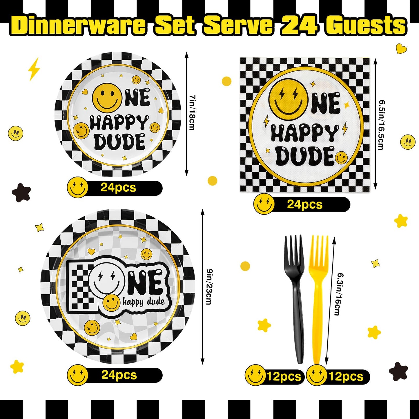 Umigy 96 Pcs One Happy Dude Birthday Party Decorations One Happy Dude Party Tableware Smile Face Party Supplies for 24 Guests Sm