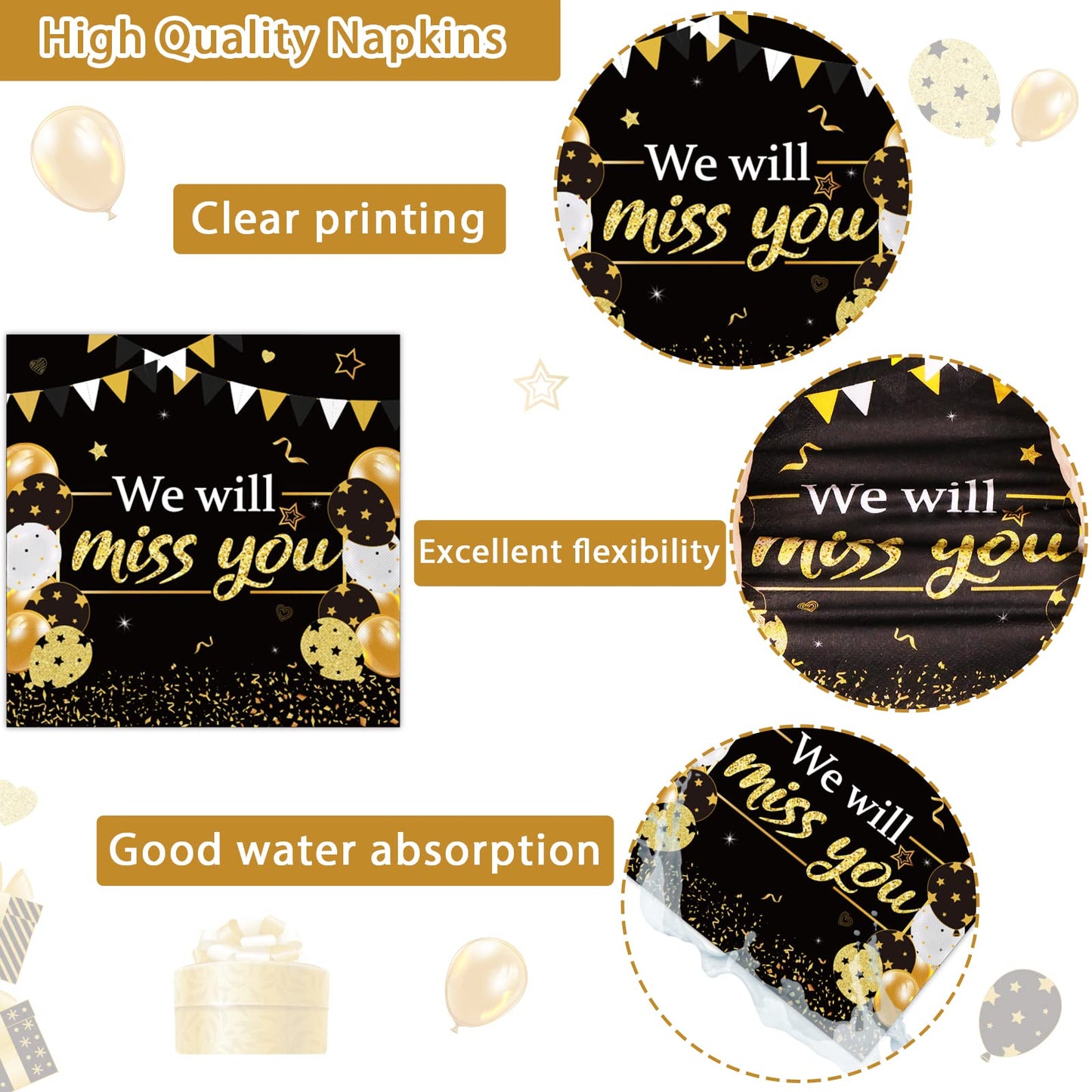 96pcs We Will Miss You Party Paper Plate and Napkin Farewell Party Decoration Going Away Party Disposable Tableware Set Gold and