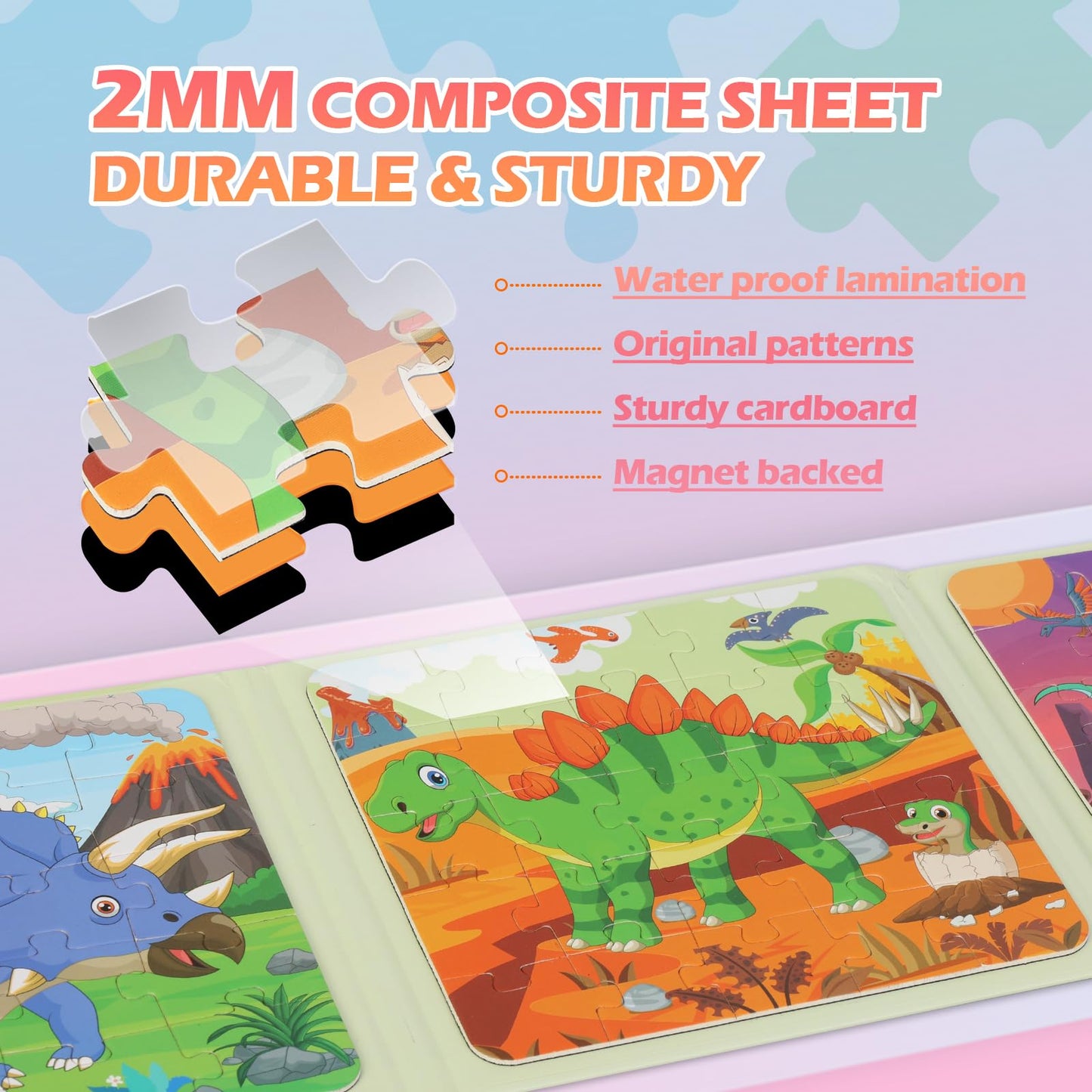 Magnetic Dinosaur Jigsaw Puzzles Book For Toddlers & Kids Ages 2-5, Travel Toys For 3-5 Year Olds