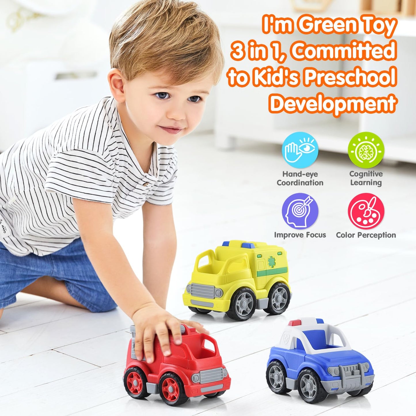 PLAY Eco-Friendly 3 in 1 Emergency Vehicle Toy Set, [USDA Certified] No BPA/Phthalate/PVC, Recycled Bioplastic Rescue Vehicle wi