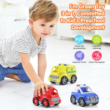 PLAY Eco-Friendly 3 in 1 Emergency Vehicle Toy Set, [USDA Certified] No BPA/Phthalate/PVC, Recycled Bioplastic Rescue Vehicle wi
