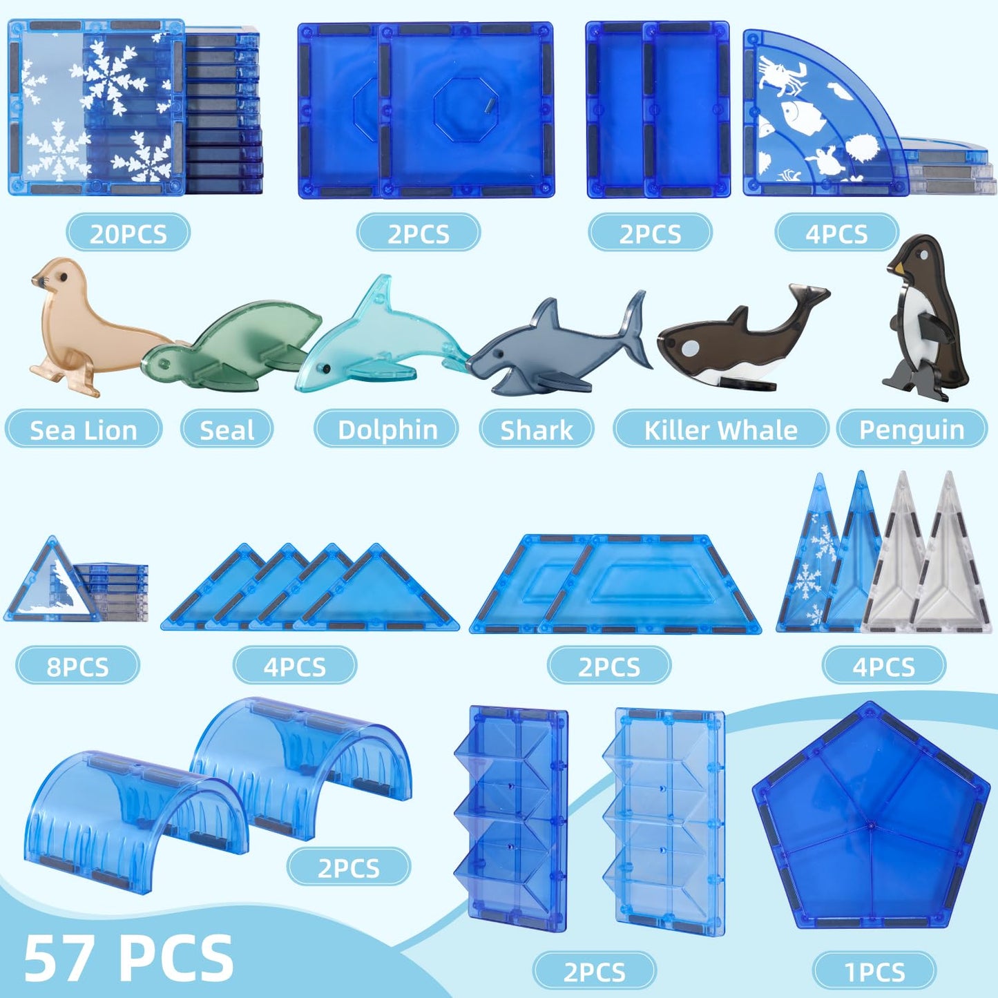 Diophso Arctic Animals Magnetic Tiles Set - 6 Sea Animals, Educational Plastic Building Blocks, Medium Size, Blue, Model X5106