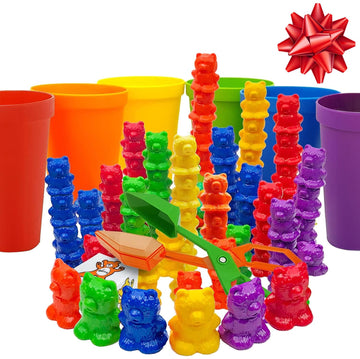 Skoolzy Rainbow Stacking Bears With Matching Sorting Cups 69 Piece Set, 60 Bear Counters, Scissor Tongs, Rainbow Cups, Storage Bag, Sorting Dice Game
