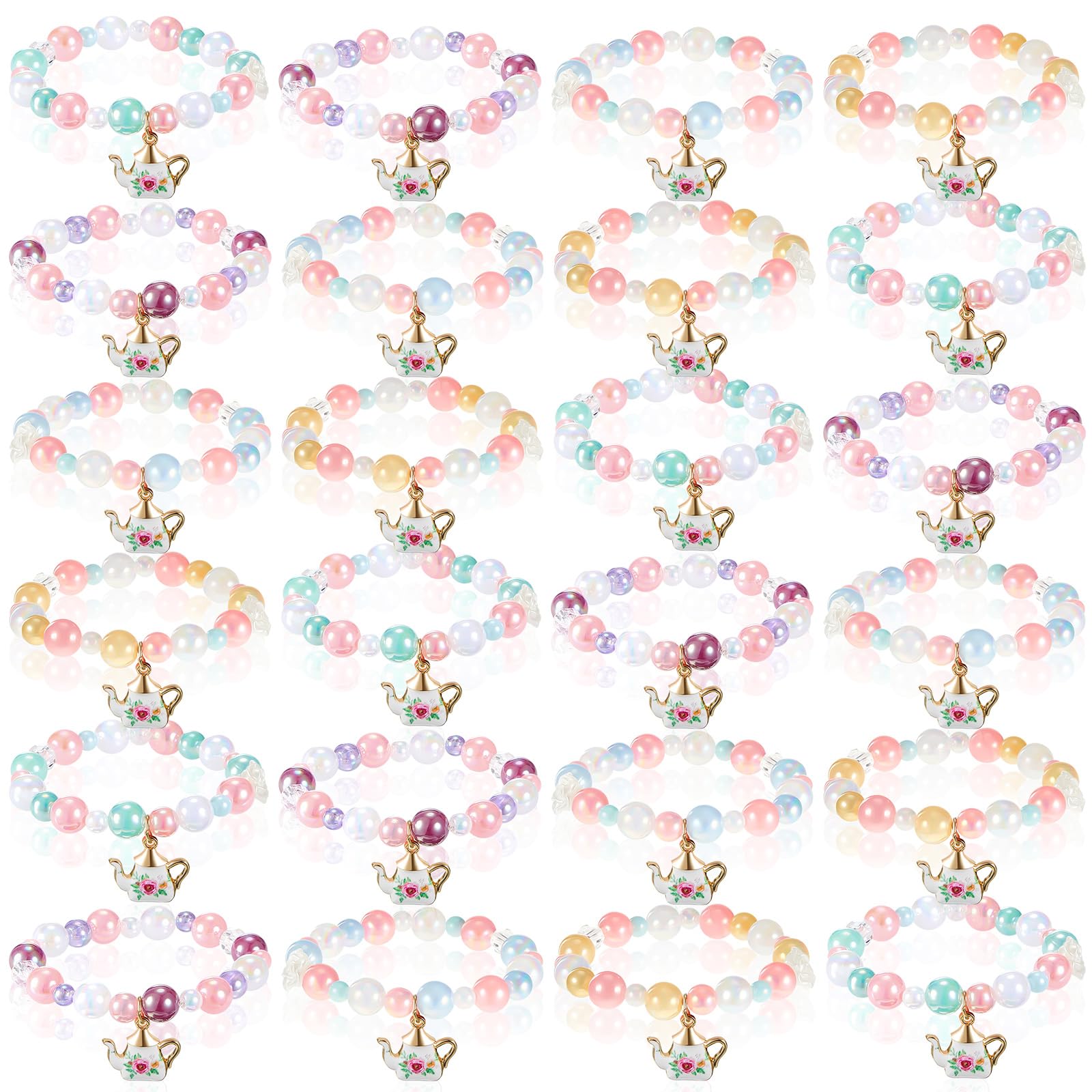 Ecally 24 Pcs Tea Party Favors Bracelet Bulk Mini Flower Tea Pot Beaded Bracelet Gift Party Supplies Pot Pendant Accessories Dec