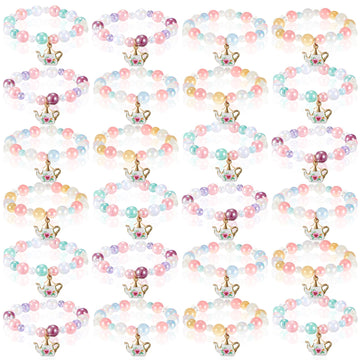 Ecally 24 Pcs Tea Party Favors Bracelet Bulk Mini Flower Tea Pot Beaded Bracelet Gift Party Supplies Pot Pendant Accessories Dec
