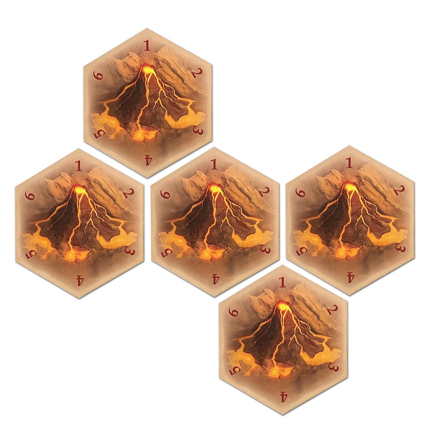 Tabletop Monthly Volcano Hex Scenario Game Pieces compatible with Catan's Settlers of Catan, Seafarers, and Catan Expansions (5