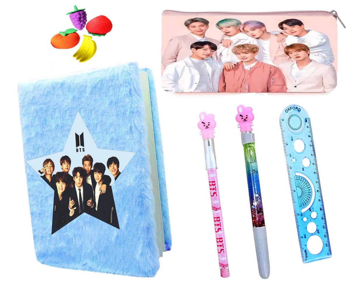 Kobbet 9Ps Bts Army Team School Stationery Set Bts Army Team Fur Diary Furry Notebook For Girls 1 Bt21 Pen, Pencil, 4 Eraser, 1