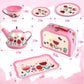 D-FantiX Pink Tin Tea Set for Kids - 15Pcs Toddler Tea Party Playset, Small Size, Includes Metal Teapots and Cups, Model AM-TG651-N-E