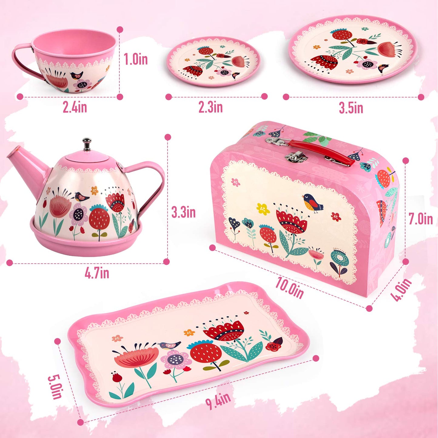 D-FantiX Pink Tin Tea Set for Kids - 15Pcs Toddler Tea Party Playset, Small Size, Includes Metal Teapots and Cups, Model AM-TG651-N-E
