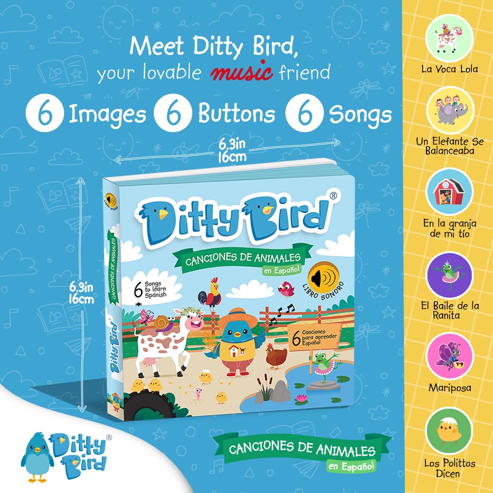 Ditty Bird Spanish Nursery Rhymes Book | Animal And Bedtime | Spanish Bilingual Musical Books For Toddler | Fun, Interactive Sou