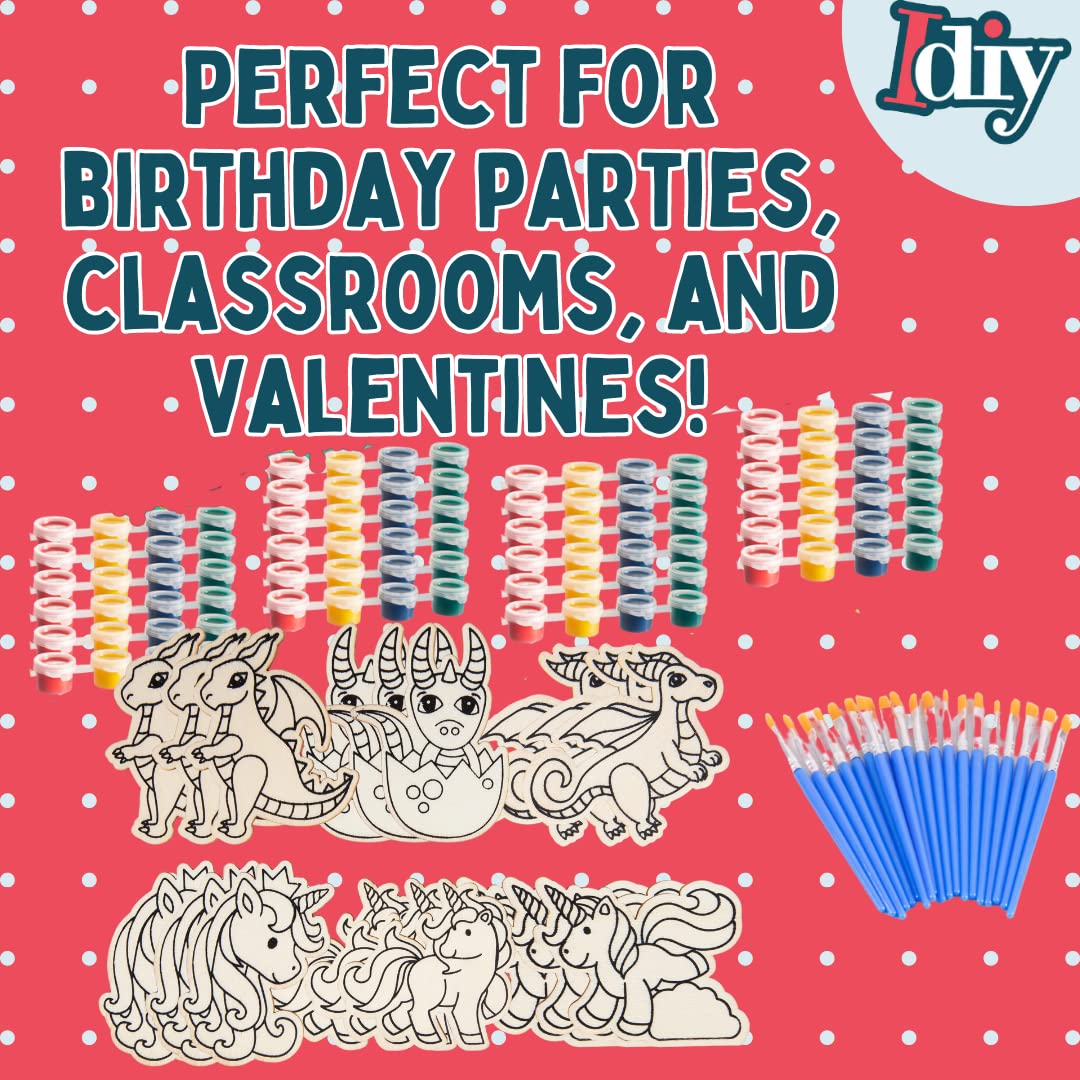 Scs Direct Kids Party Wood Painting Craft Kits (20Ct) -Unicorns & Dragons- Each Kit Has Its Own Brush, Paint, & Figure- Unique Birthday Party Activity, Favors Or Classroom School Activity Gift
