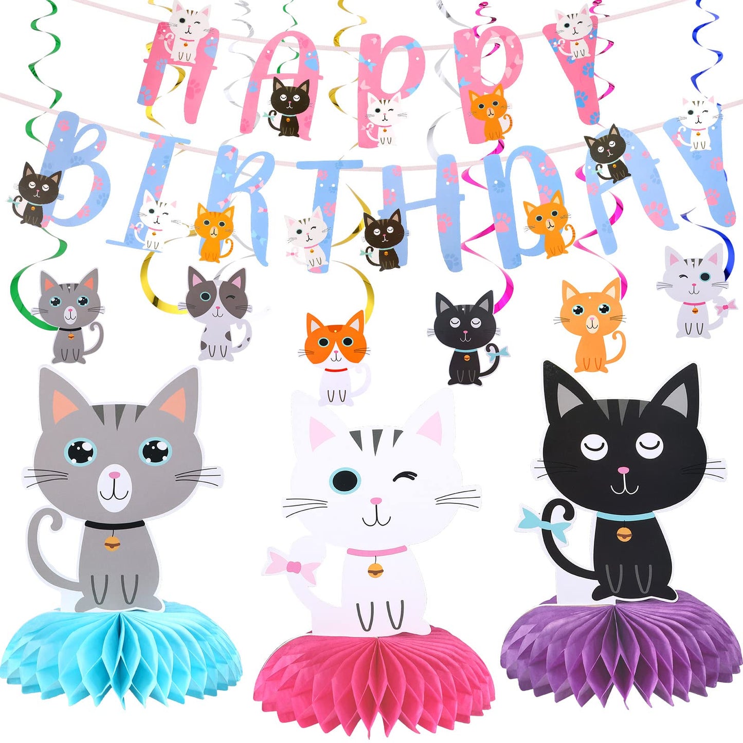 Chinco 16 Pcs Cat Theme Birthday Party Decorations Party Supplies Kit, Includes Cat Party Banner With 6 Hanging Cutouts 6 Hanging Swirl Decor And 3 Birthday Honeycomb Party Decoration(Cool Style)