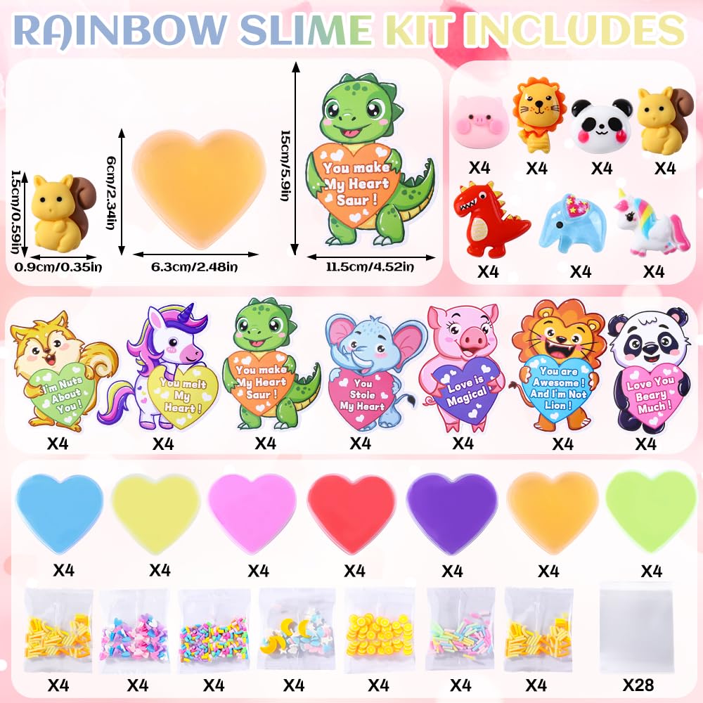 Vellibring 28Pack Valentines Day Gifts For Kids Included Heart Shape Slime Stress Relief Toys With Cute Animal Cards Bulk For Va