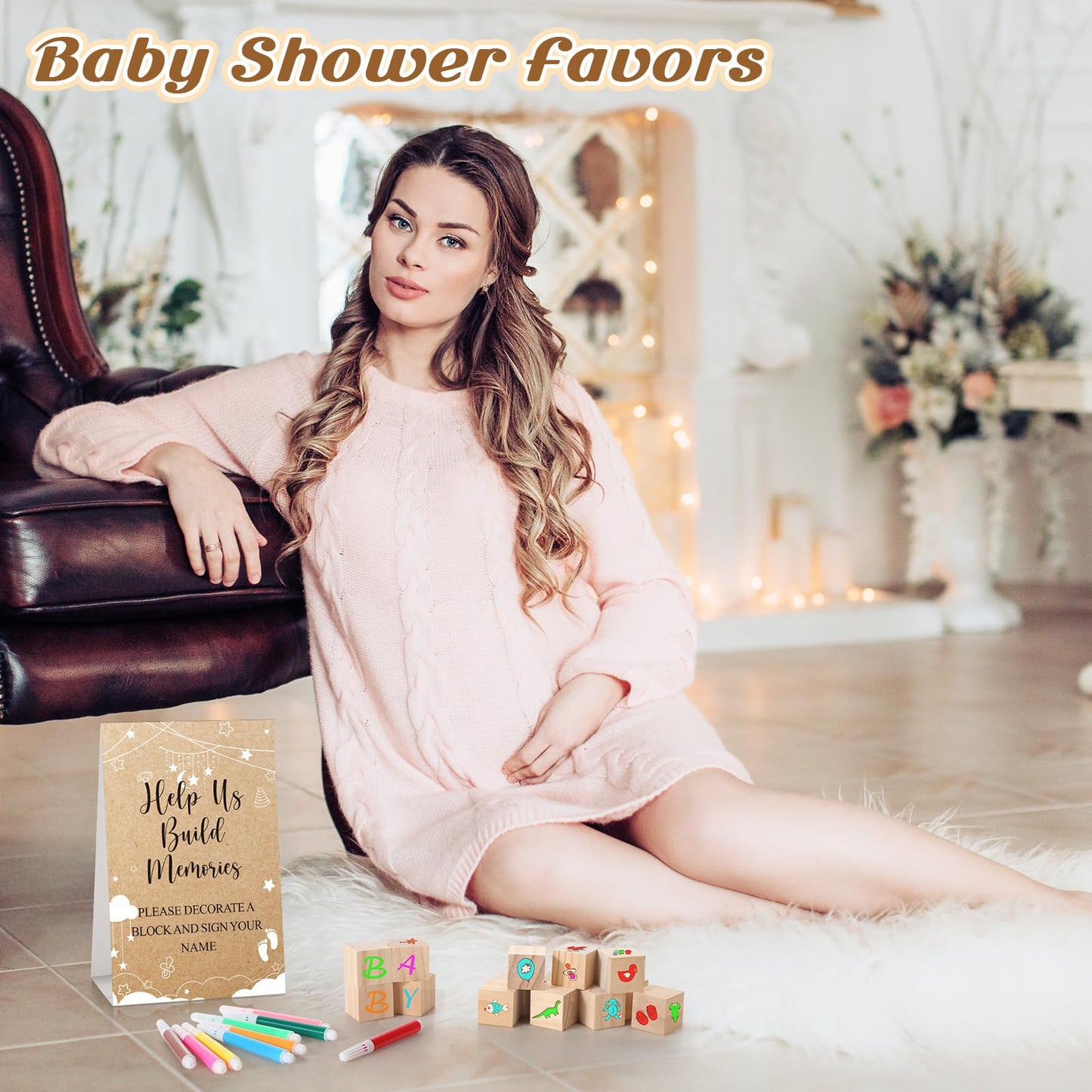 Dinifee 125 Pcs Baby Shower Decorate a Block Game Set Includes Help Us Build Memories Sign 100 DIY Blank Wooden Block 24 Paint M