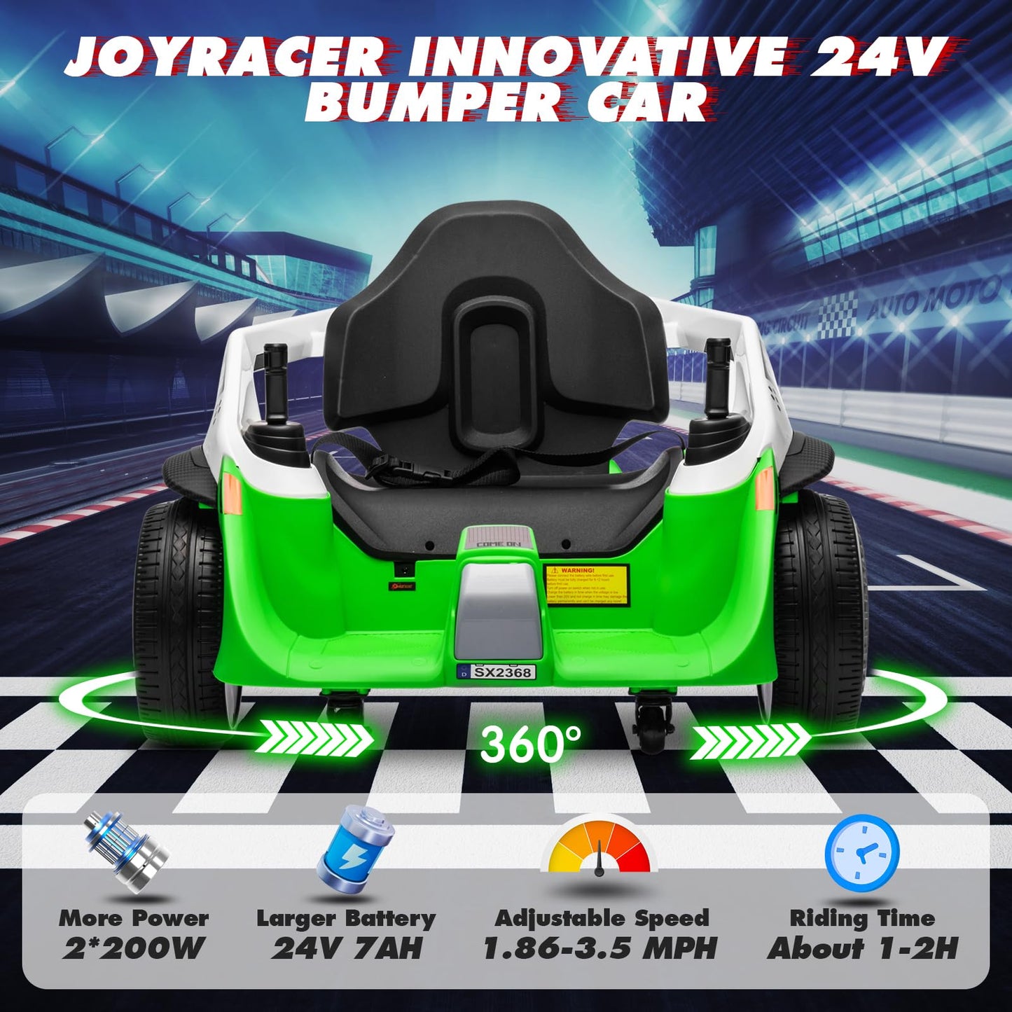 Bumper Car, Joyracer 24V Electric Ride On Bumping Car Toy W/Parent Remote Control, 3 Speeds, Bluetooth Music, 360 Degree Spin Ri