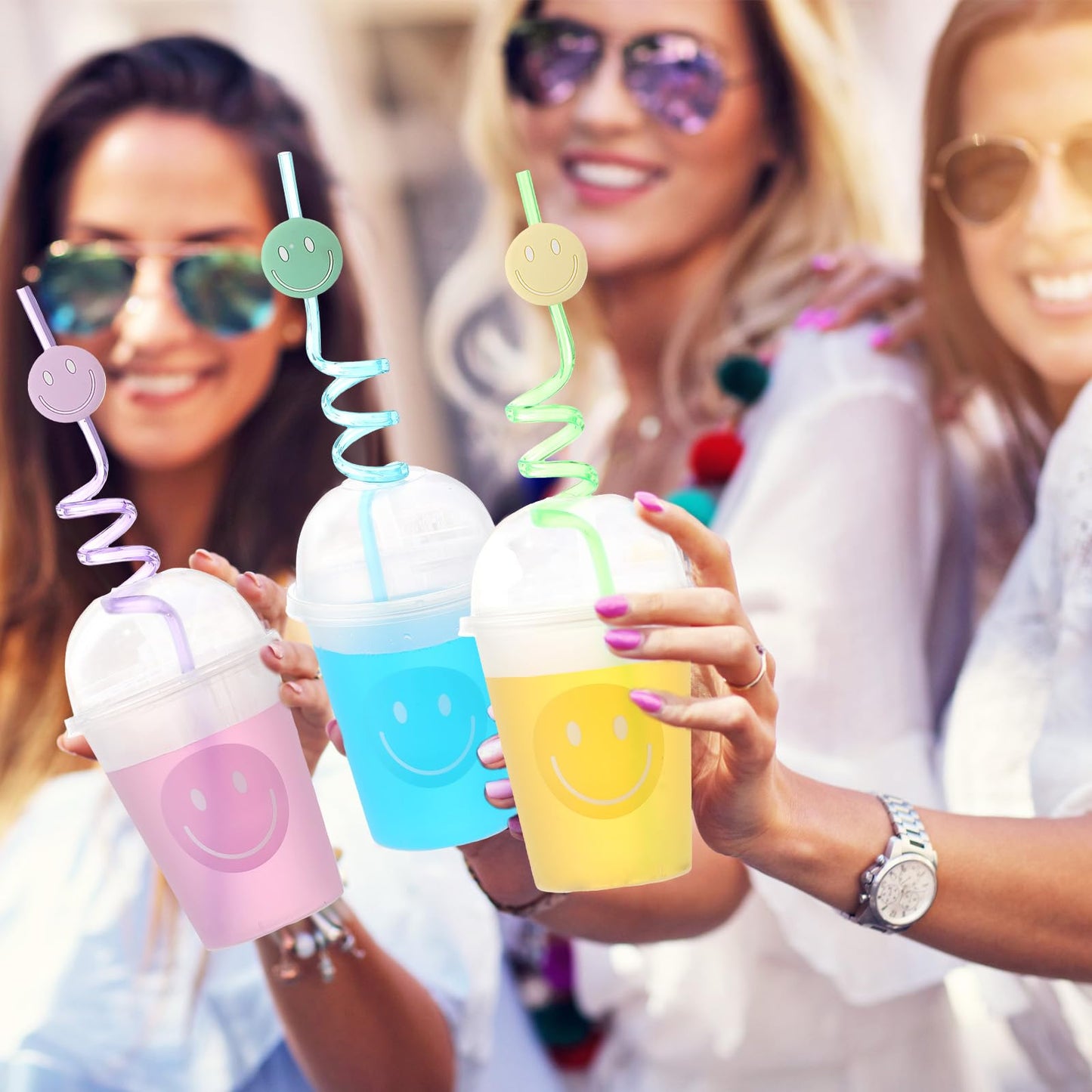 Yaomiao 32 Pack Smile Face Sipper Cups with Straws and Lids, 12 oz Clear Plastic Cups Happy Face Party Cups with Dome Lids Happy