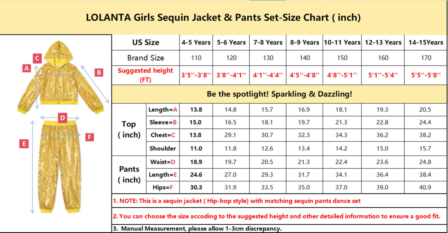 Lolanta Teen Girls Dance Costumes Youth Gold Sweatsuit Set Girls Sequin Outfit For Hip Hop Dance (Golden, 14-15 Years)