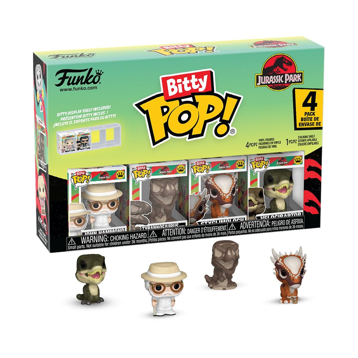 Funko Bitty Pop! Jurassic Park: John Hammond, Tyrannosaurus Fossil, Stygimoloch, and Velociraptor, with a 1 in 6 Chance for a My