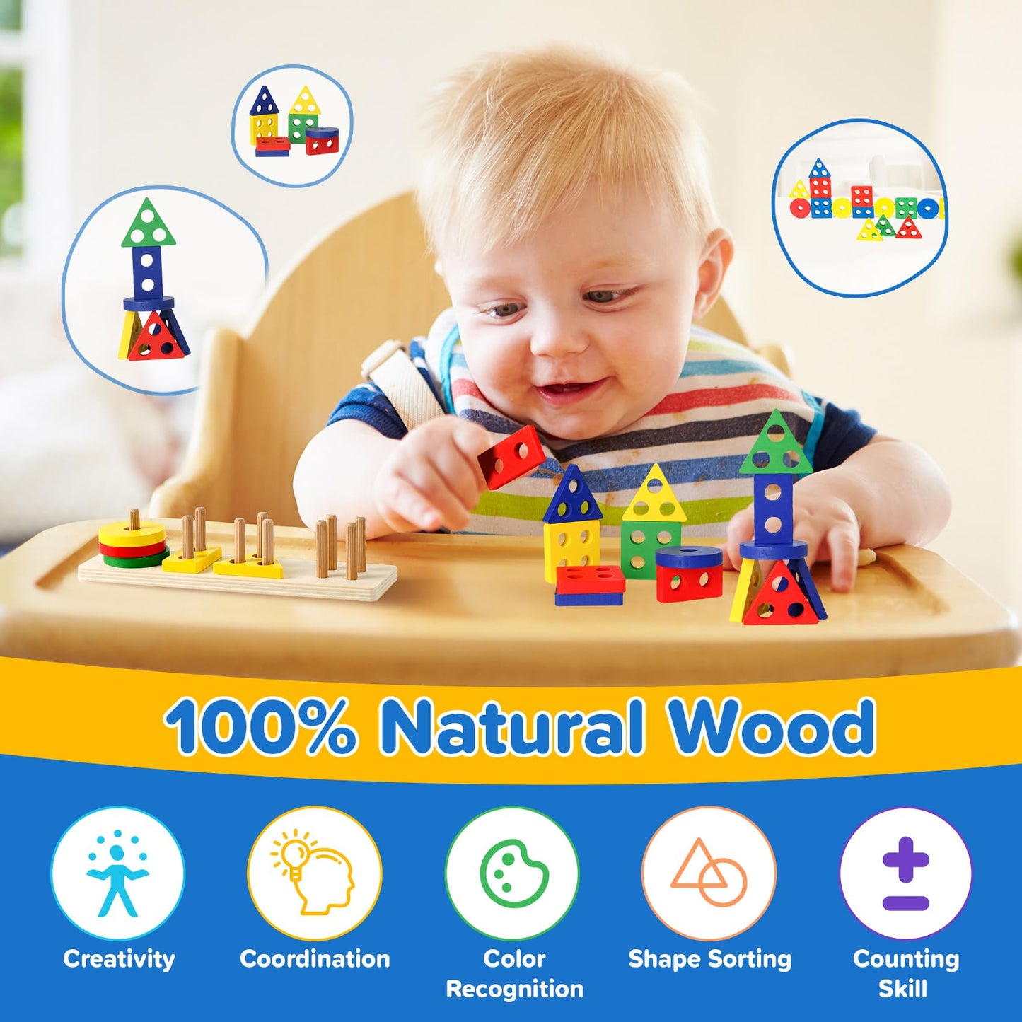 6-In-1 Baby Toys 6 To 12 Months, Montessori Toys For Babies 6-12-18 Months, Infant Teething Toys Stacking Blocks Rings Sensory B