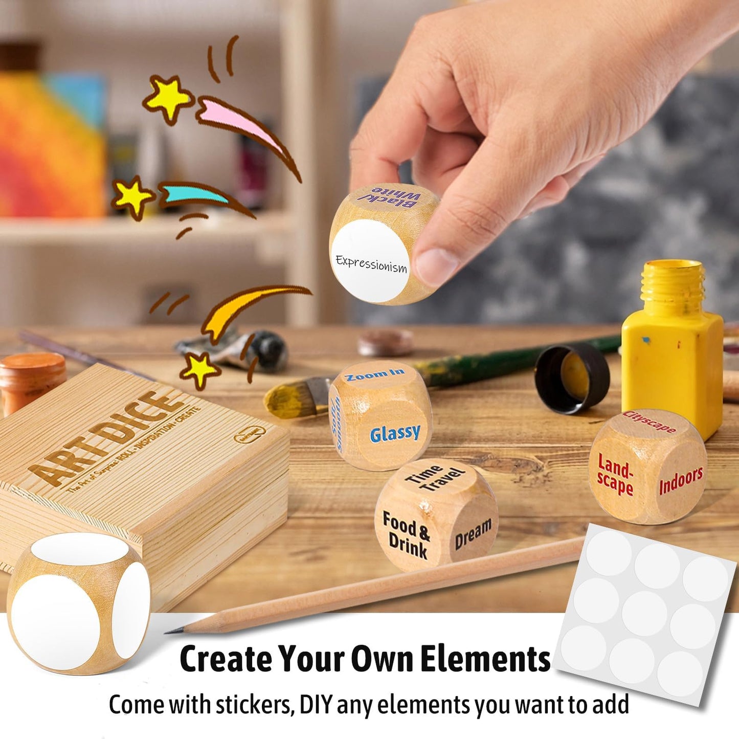 Garybank Inspiration Art Dice Gifts For Artists, W/Drawing Principles Cards - Color Wheel & Painting Knowledge, Art Supplies For Women, Set Of 9 Creativity Dice, Cool Artist Teacher Gifts