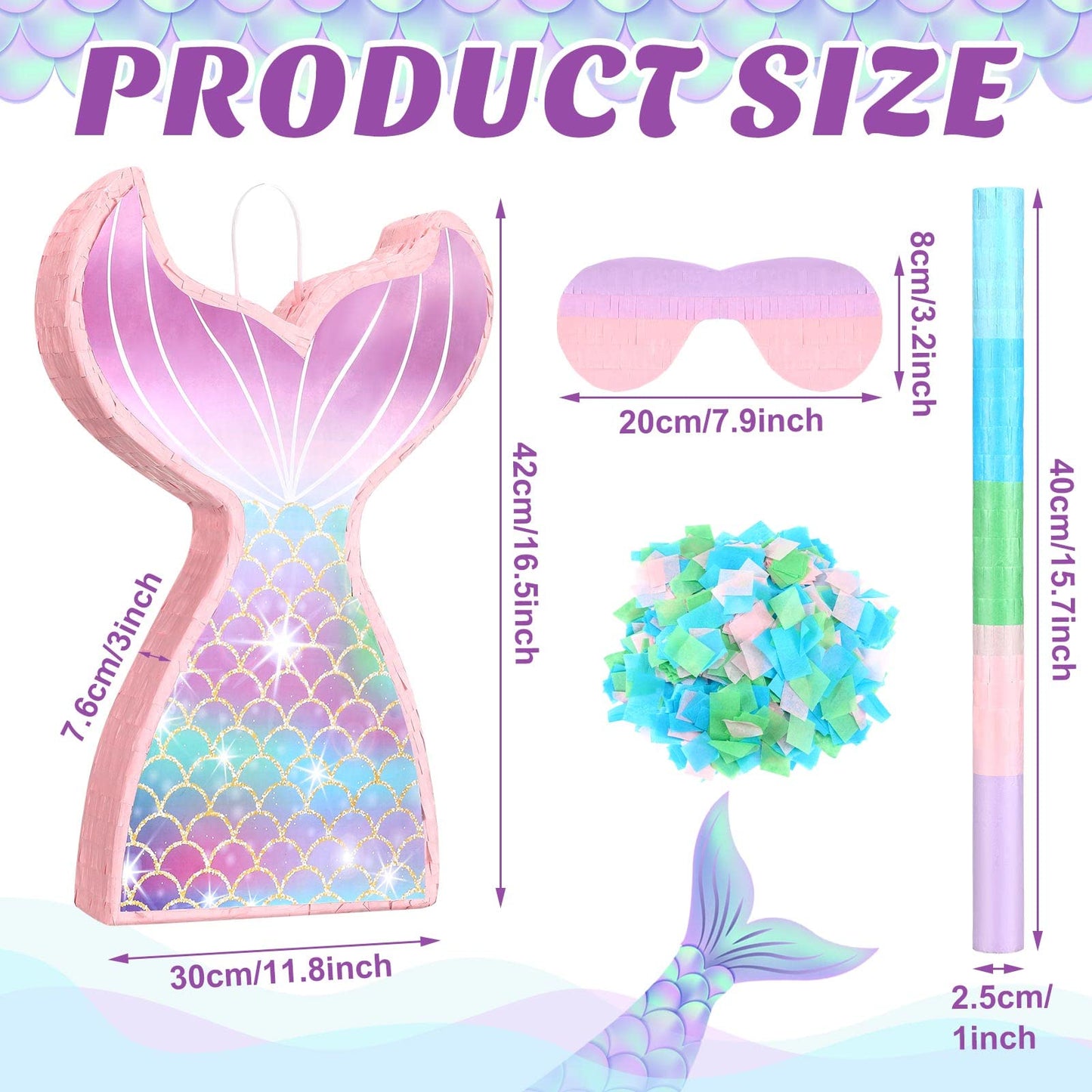 Zhanmai Mermaid Piñata Bundle - Ocean Themed Birthday Party Supplies, Blue Paper with Blindfold and Bat