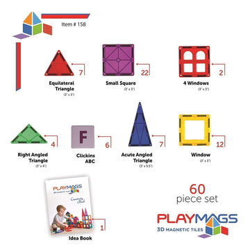 Playmags Magnetic Tiles For Kids, 60 Pc Magnet Blocks With Abc Click-Ins, Stem Development Building Toys For Boys Girls & Toddlers