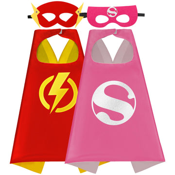 Mizzuco Superhero Capes For Kids Cloak With Mask Halloween Costumes And Party Dress Up Gift 2Pcs(Red+Pink