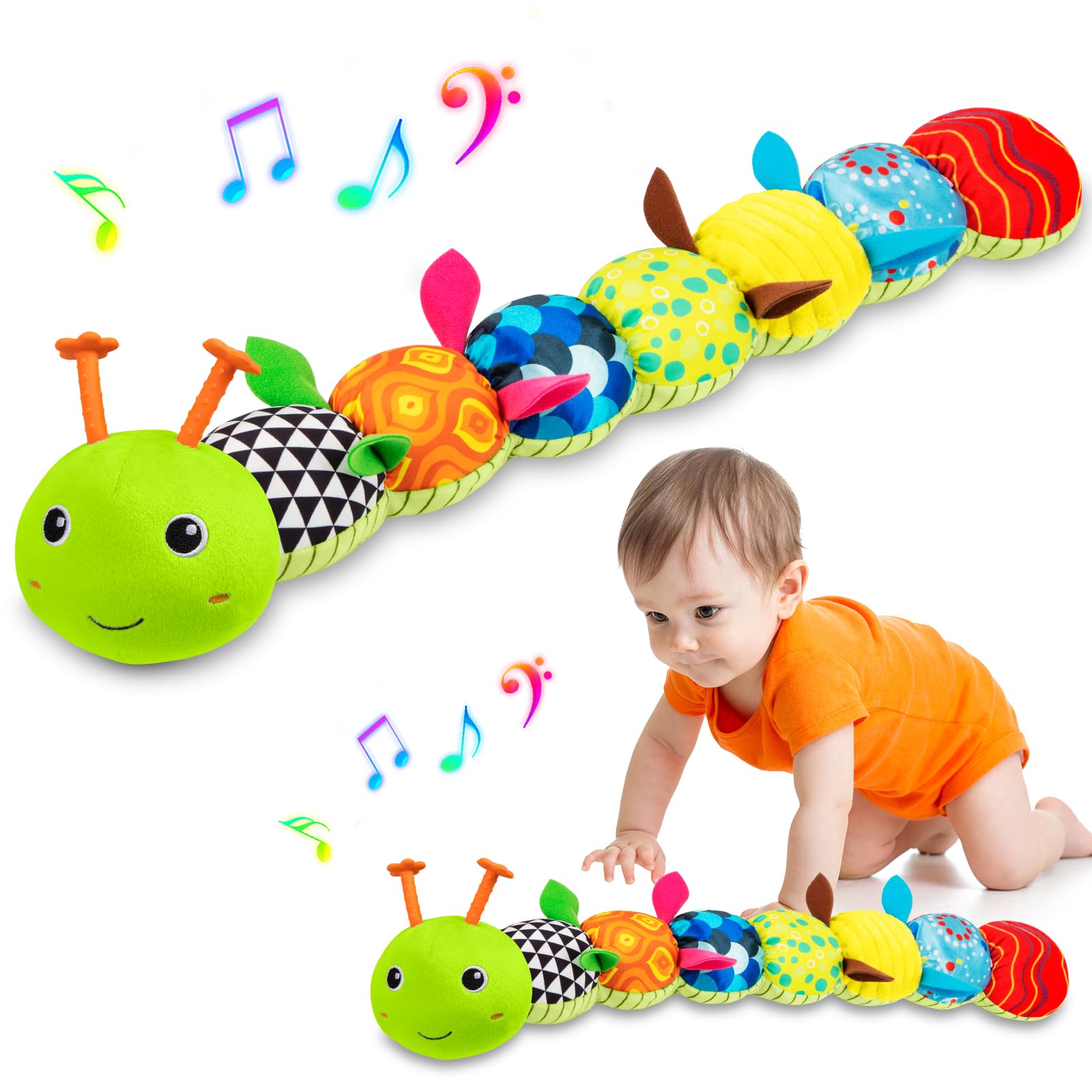 Baby Toys Musical Caterpillar  Infant Stuffed Animal for 0-6 6-12 Months with Crinkle and Rattles  Tummy Time Sensory Toys Newborn Boys Girls Gifts 0 3 6 9 12 Months - Green